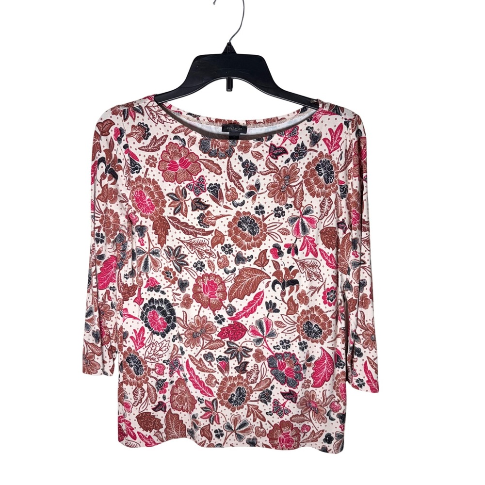 Ann Taylor Factory Earth Tone Floral Boat Neck Top Boho Stretch Knit S
